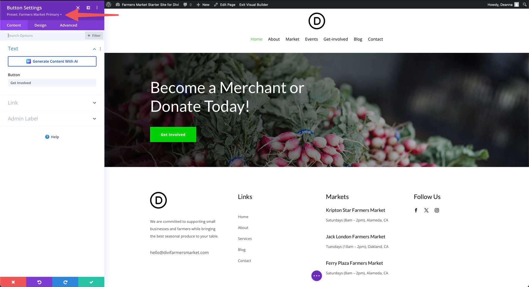 farmers market starter site for Divi