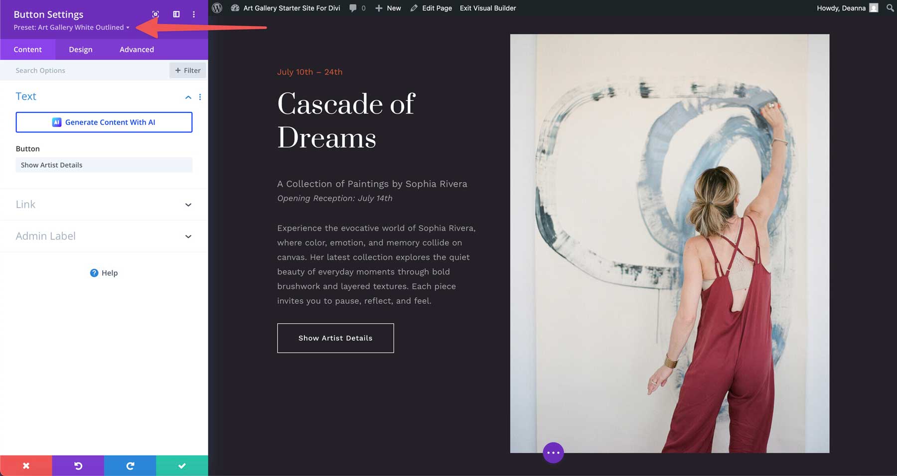 Art Gallery starter site for Divi