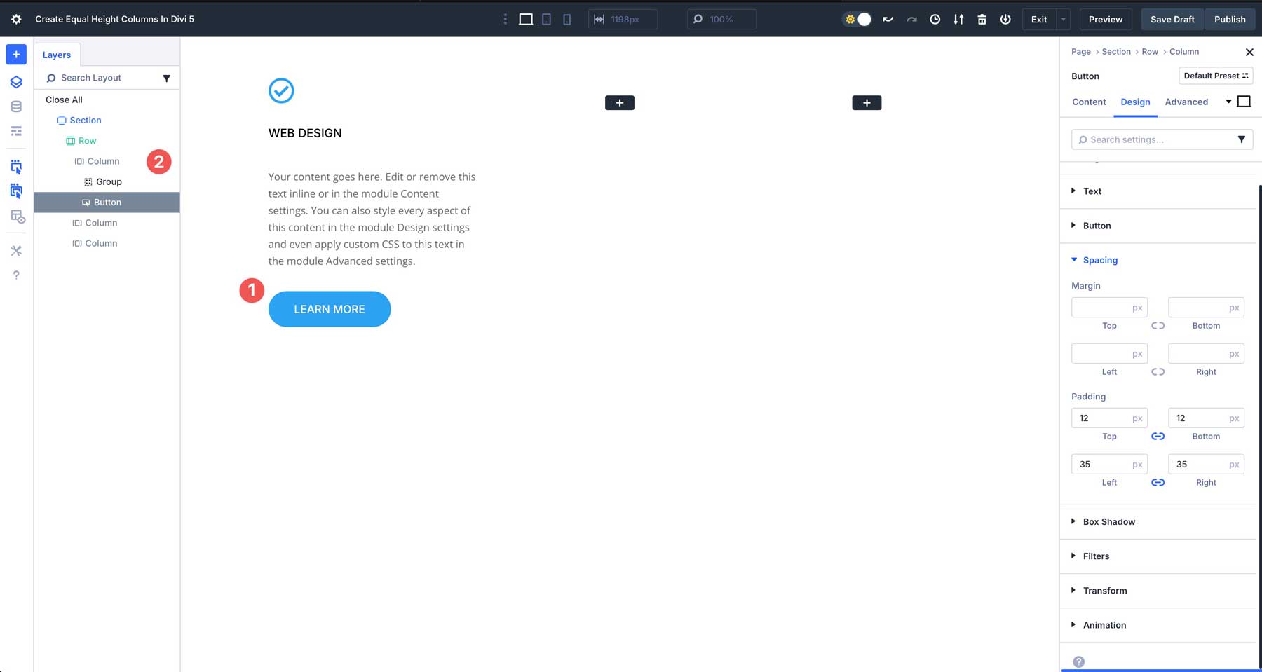 equal column heights in Divi 5