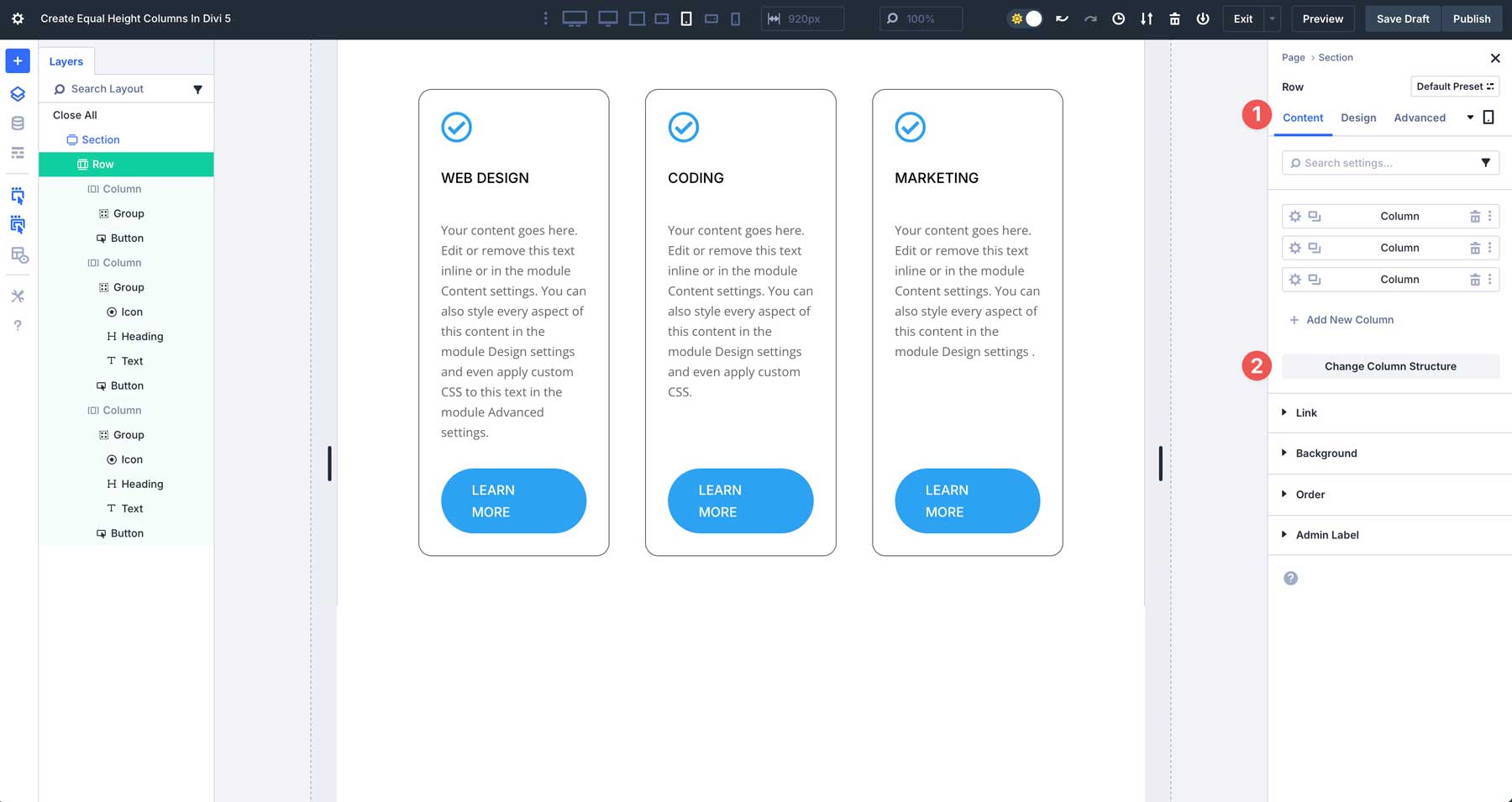 equal column heights in Divi 5