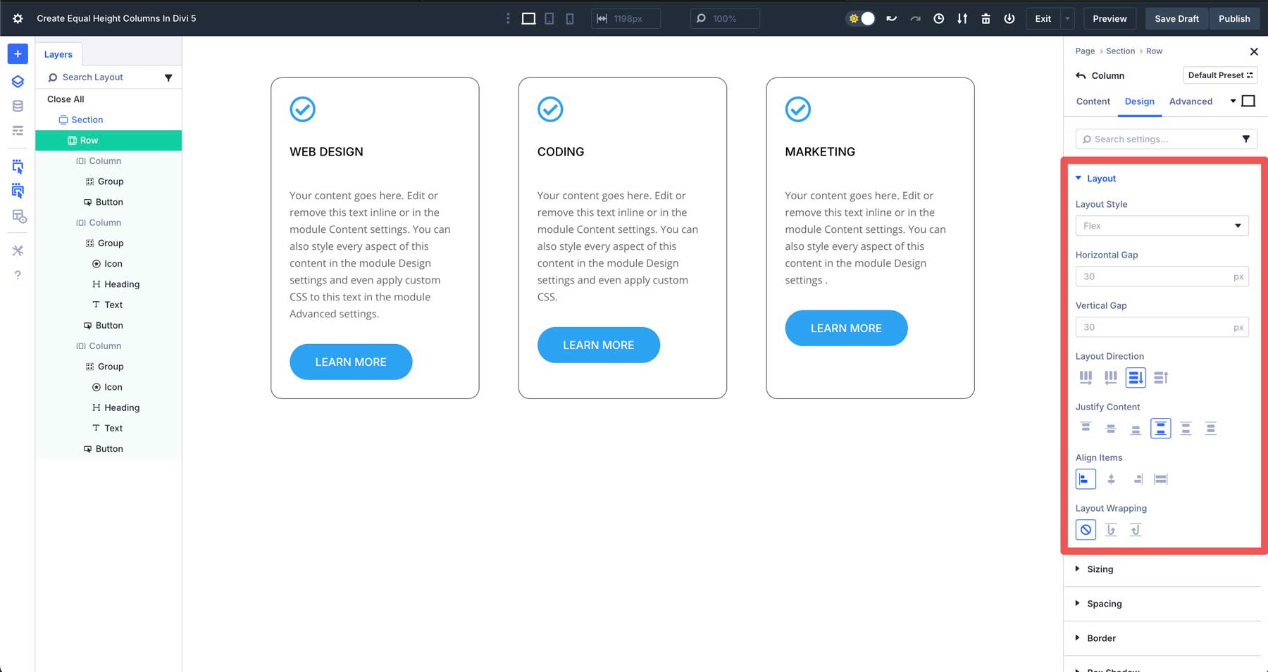 equal column heights in Divi 5