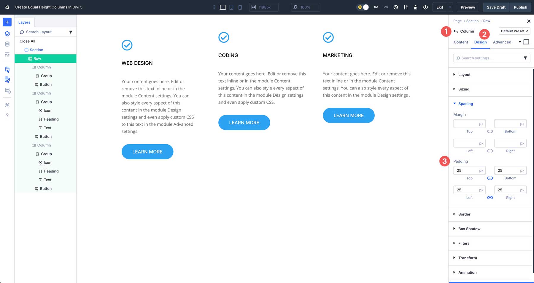 equal column heights in Divi 5