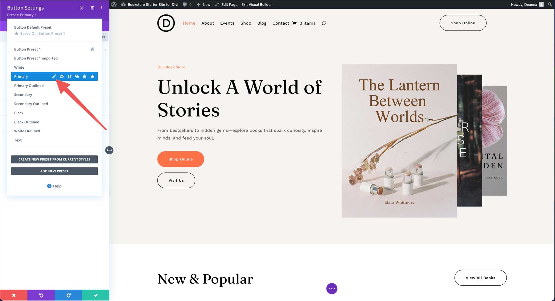 Bookstore starter site for Divi