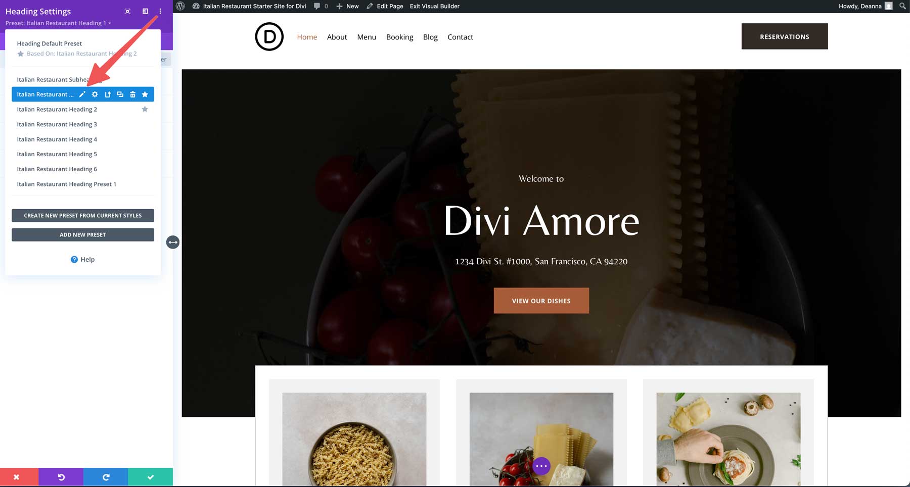 Italian Restaurant starter site for Divi