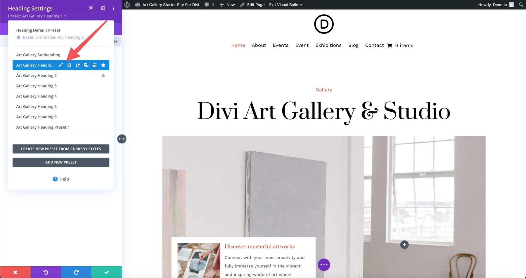 Art Gallery starter site for Divi