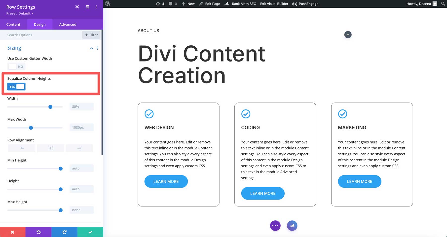 equal column heights in Divi 5