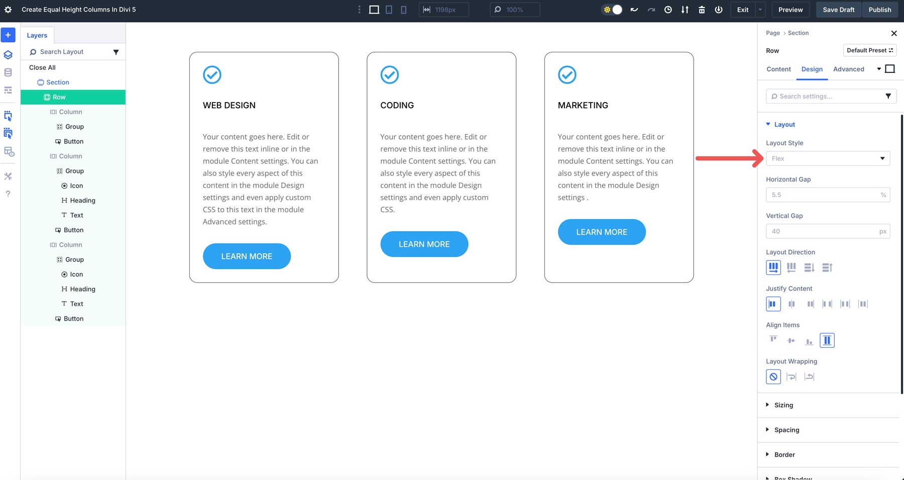 equal column heights in Divi 5