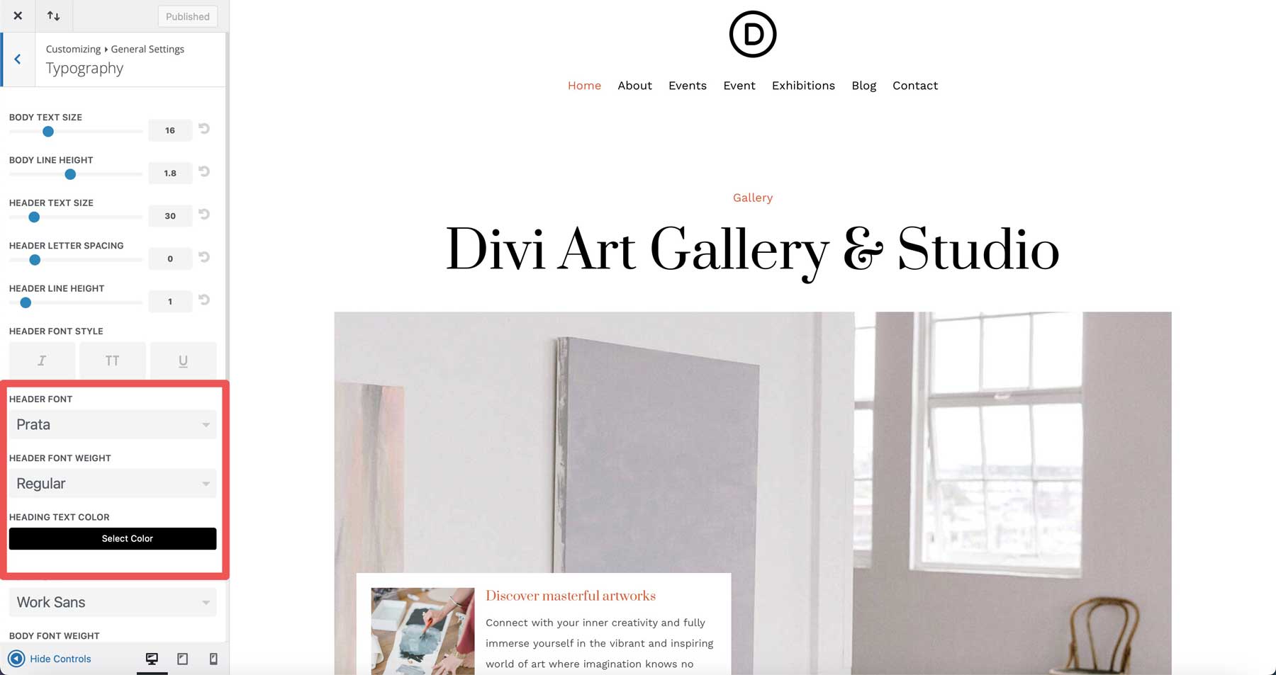 Art Gallery starter site for Divi