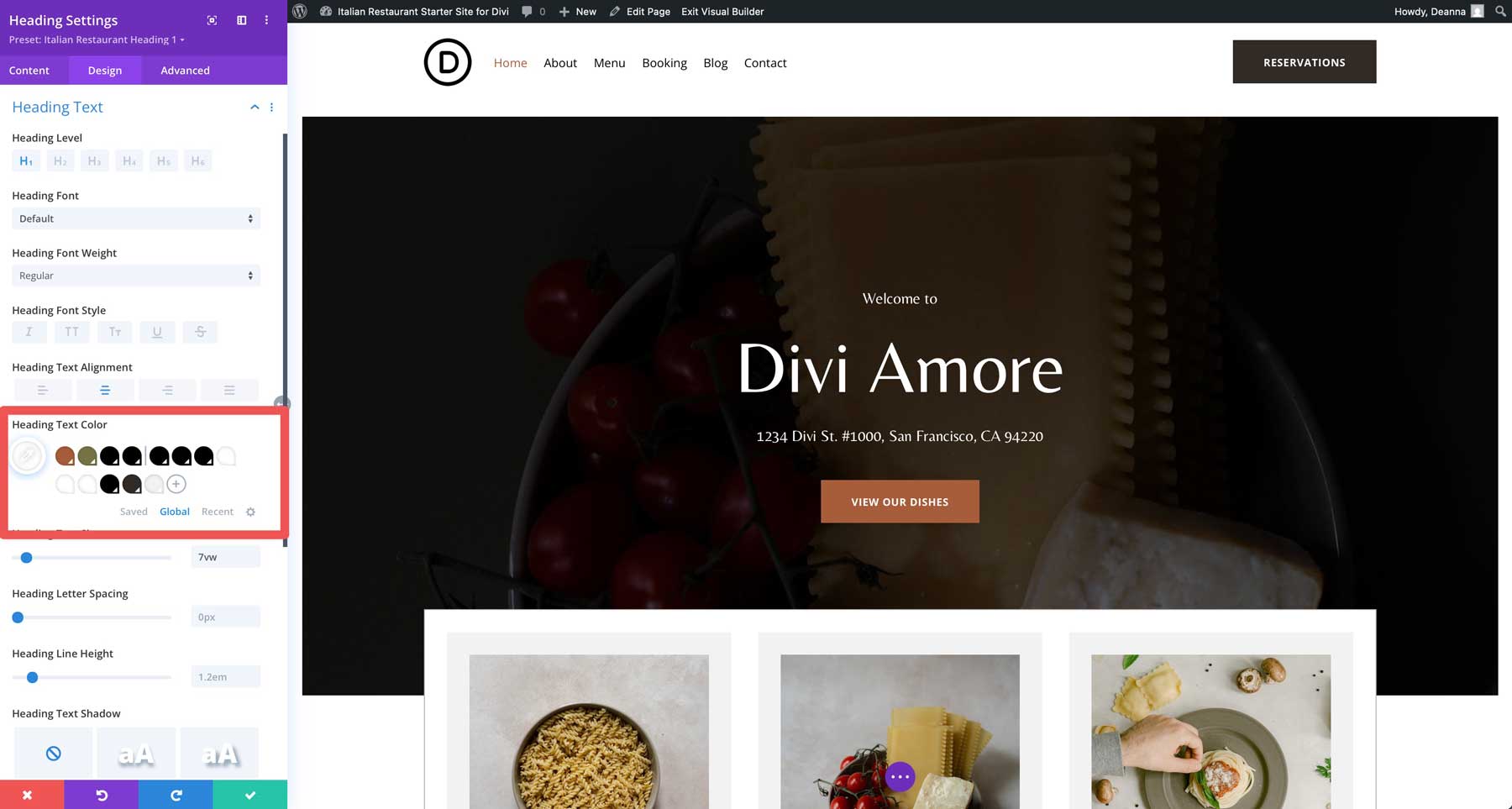 Italian Restaurant starter site for Divi