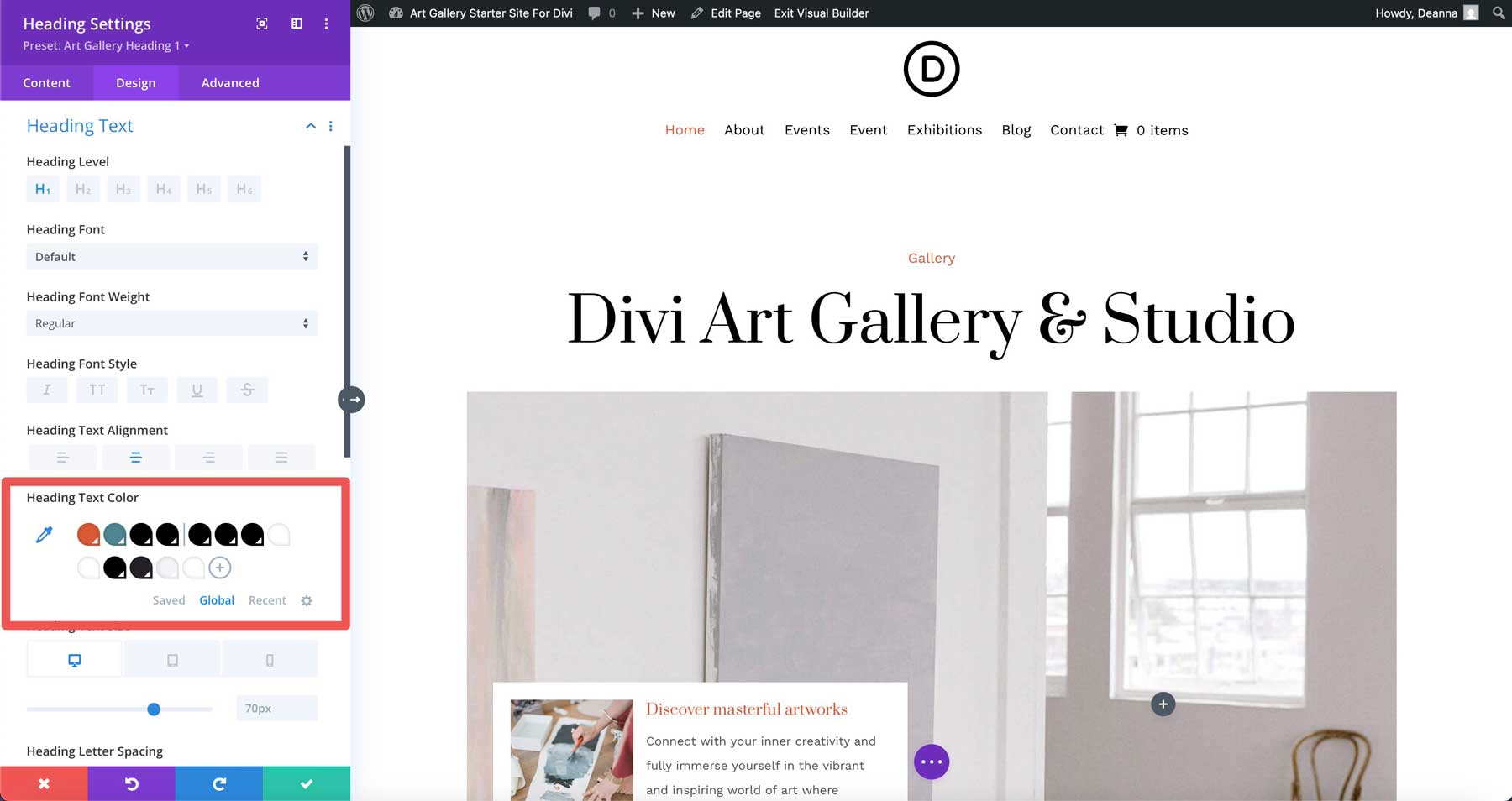 Art Gallery starter site for Divi