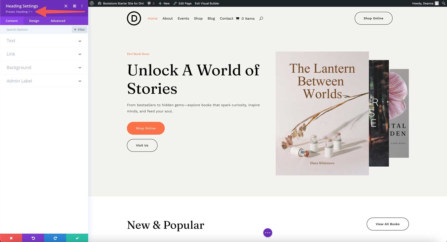 Bookstore starter site for Divi