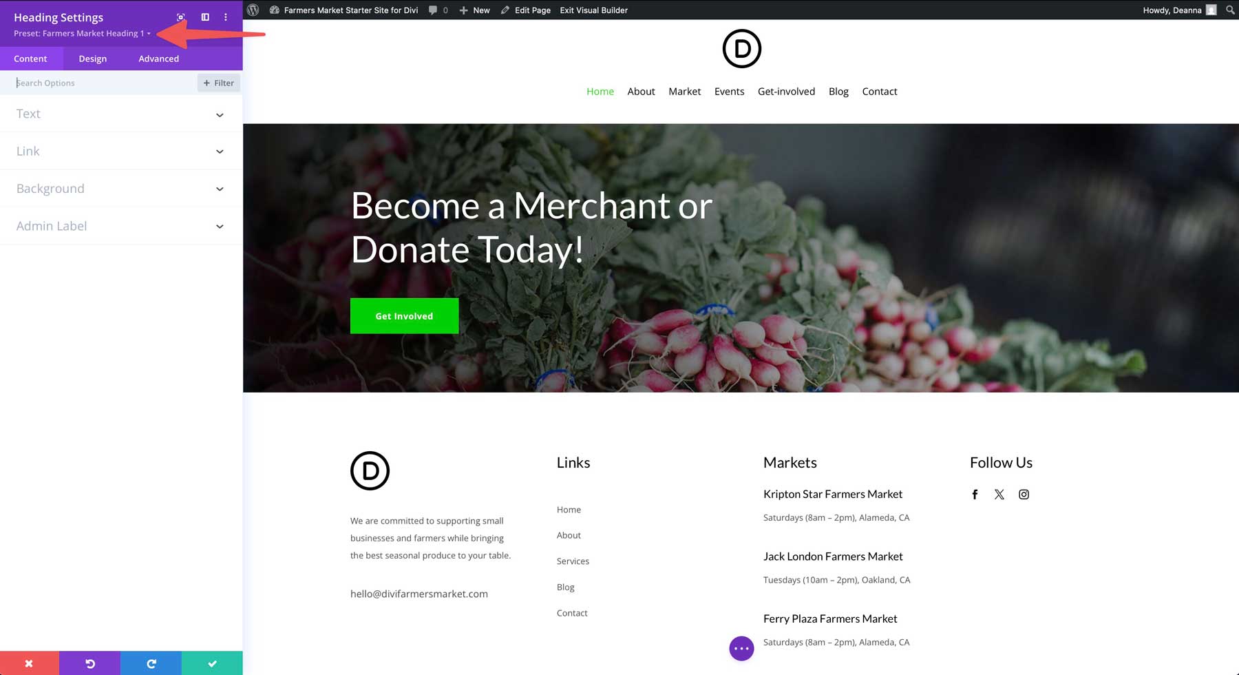 farmers market starter site for Divi