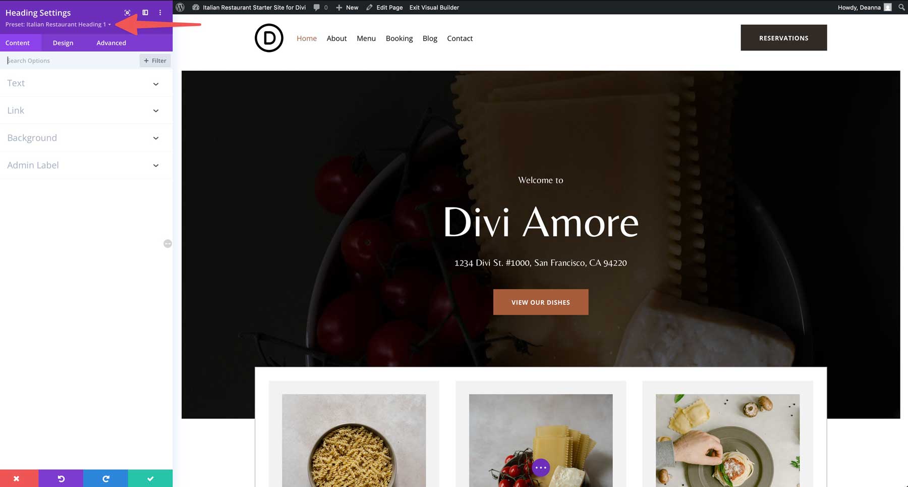 Italian Restaurant starter site for Divi