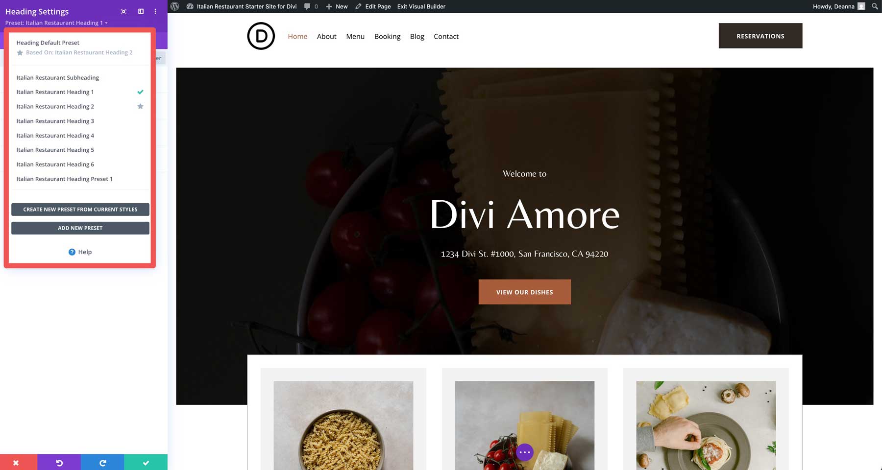 Italian Restaurant starter site for Divi
