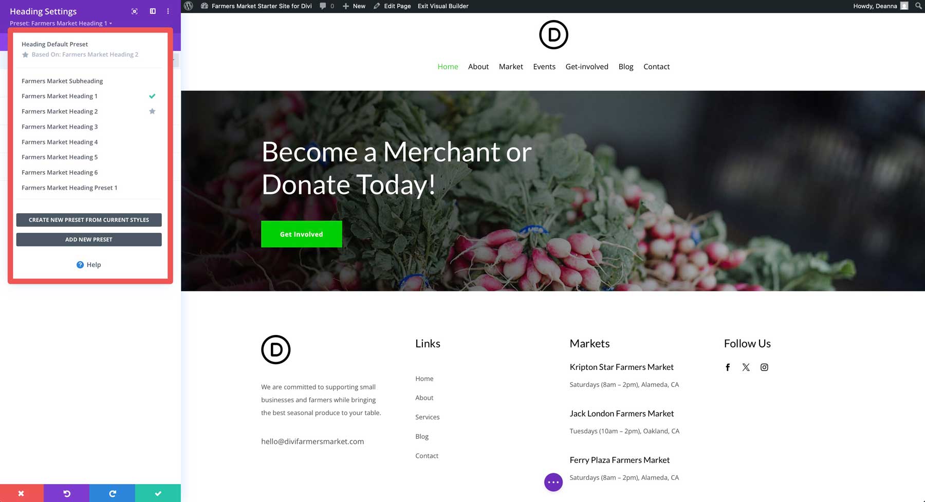 farmers market starter site for Divi