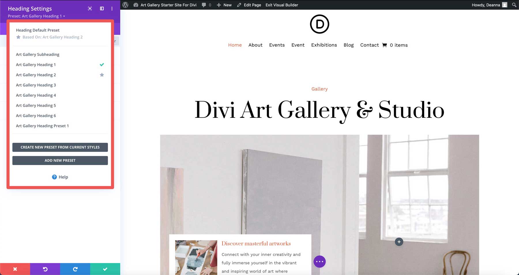 Art Gallery starter site for Divi