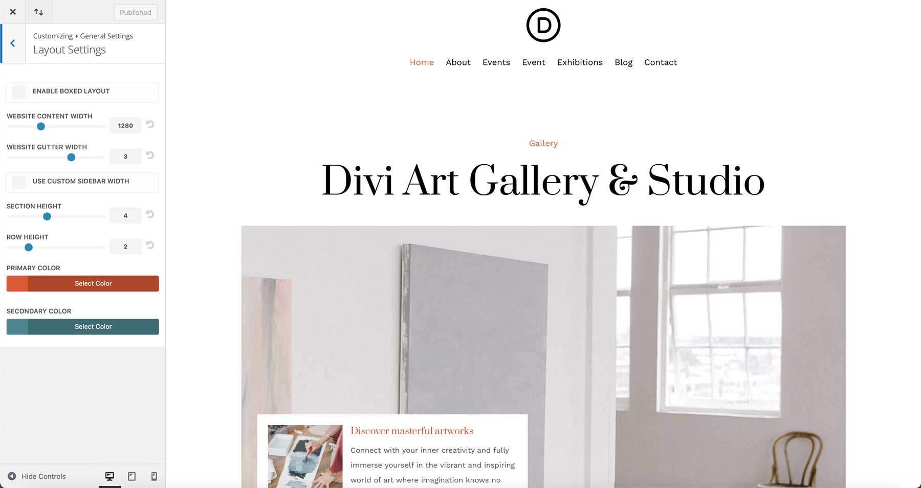 Art Gallery starter site for Divi