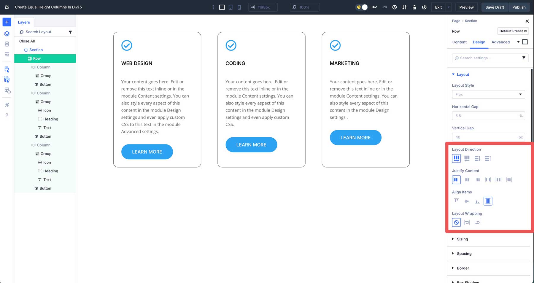 equal column heights in Divi 5