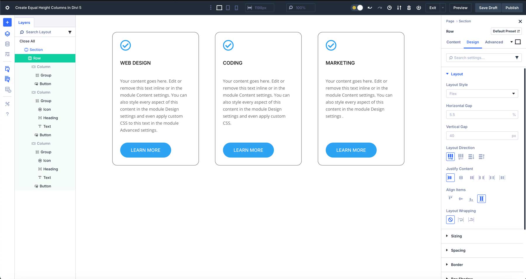 equal column heights in Divi 5