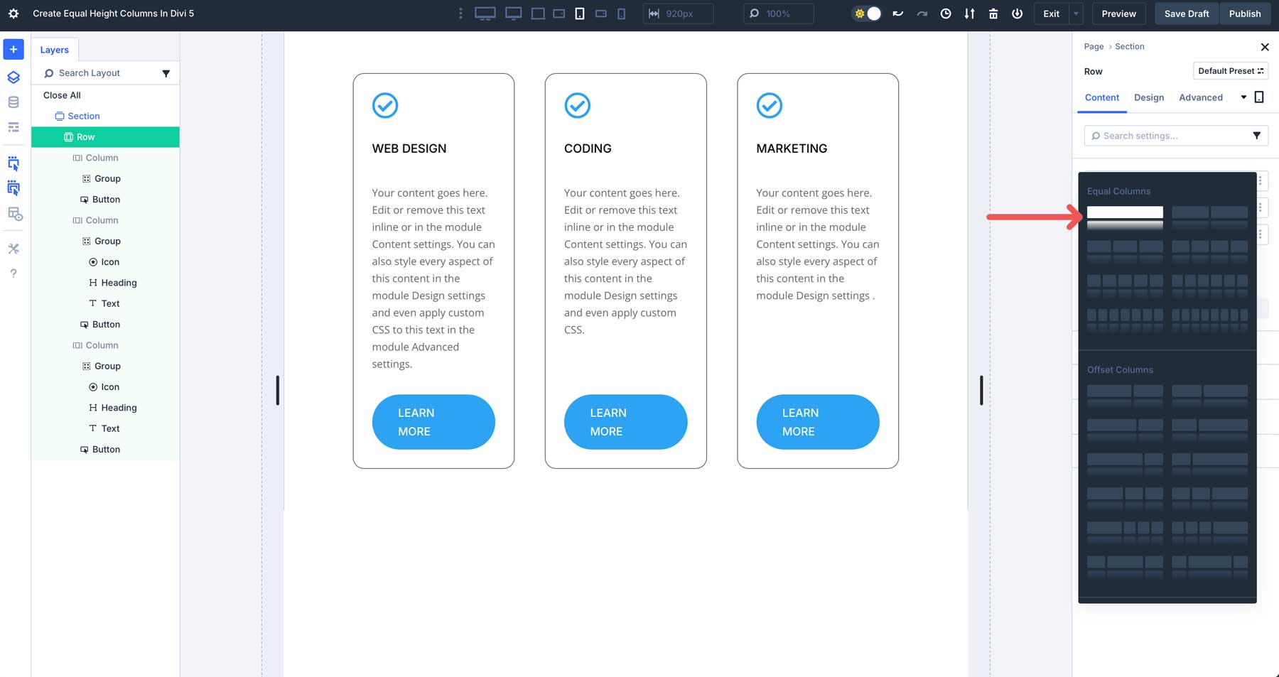 equal column heights in Divi 5