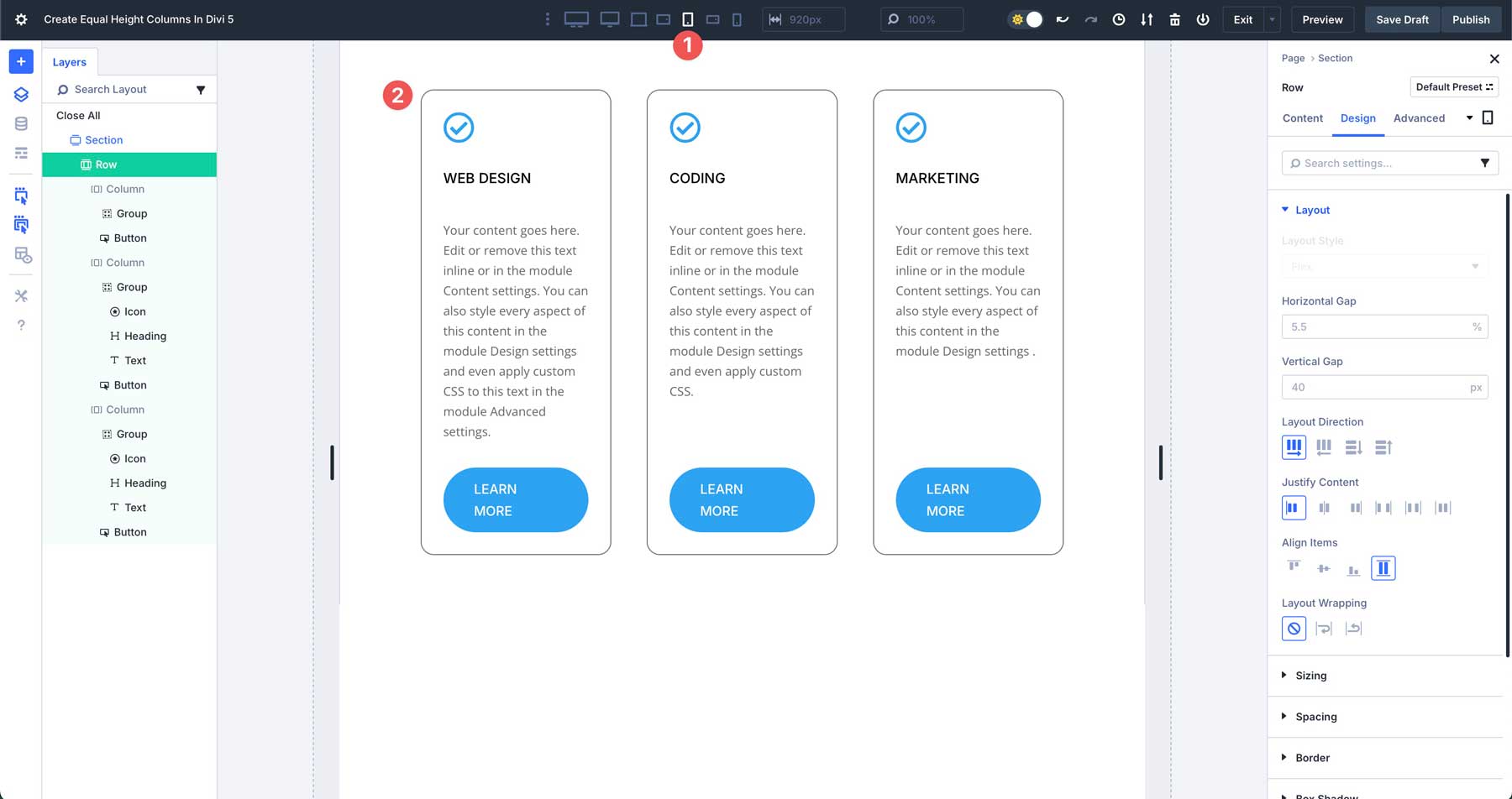 equal column heights in Divi 5