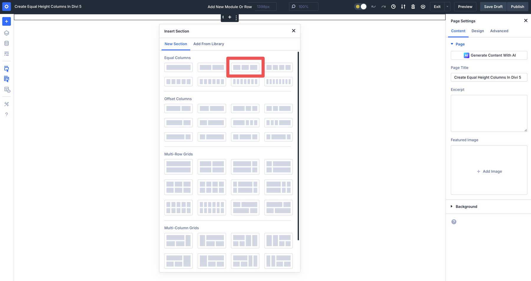 equal column heights in Divi 5