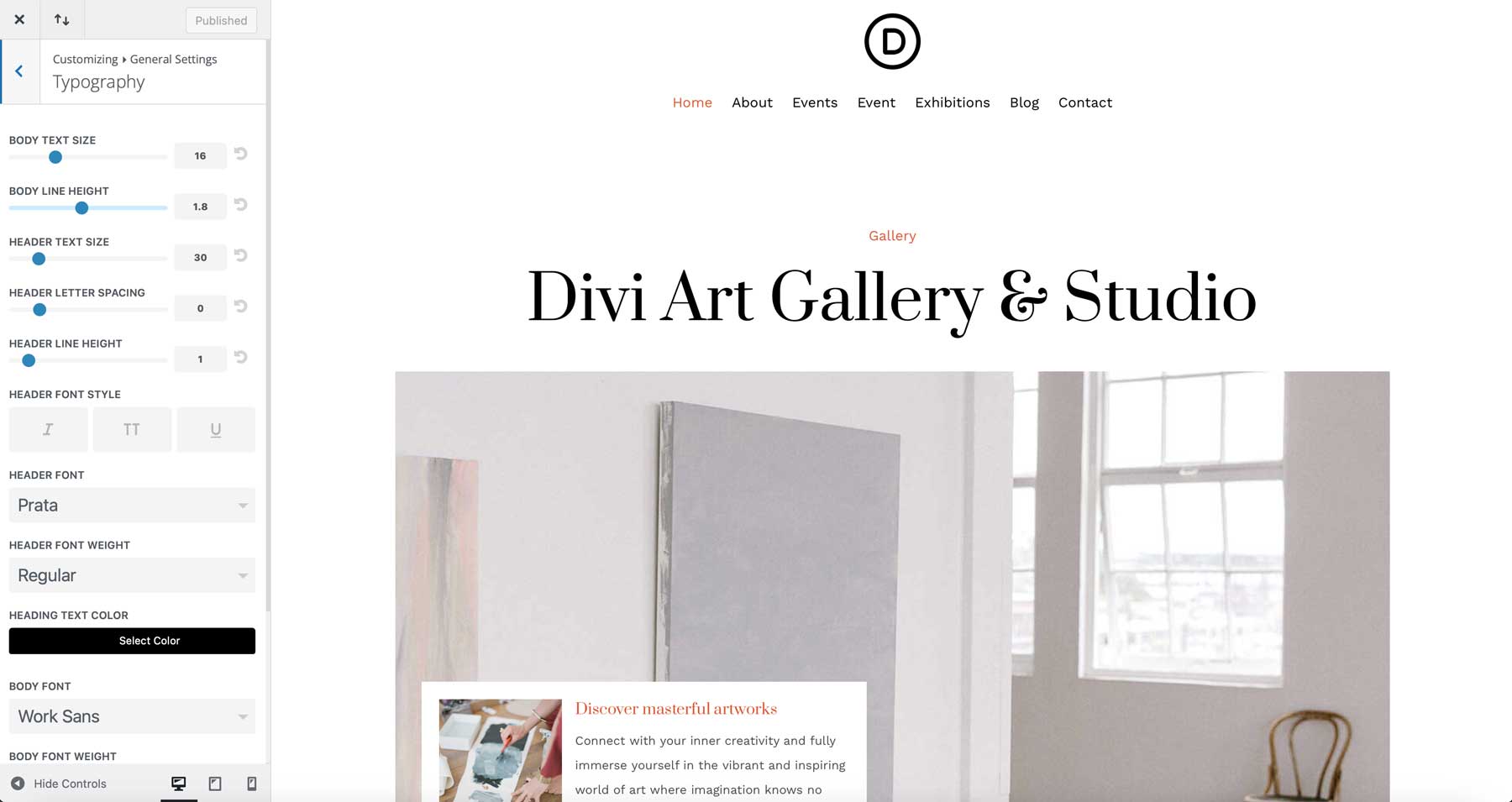 Art Gallery starter site for Divi