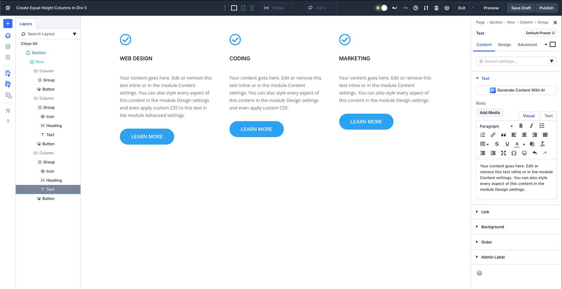 equal column heights in Divi 5