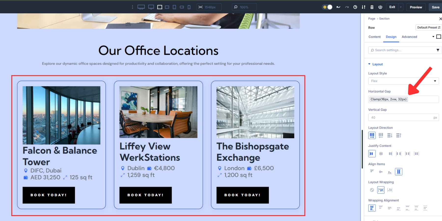A screenshot of applying clamp() for spacing in Divi 5