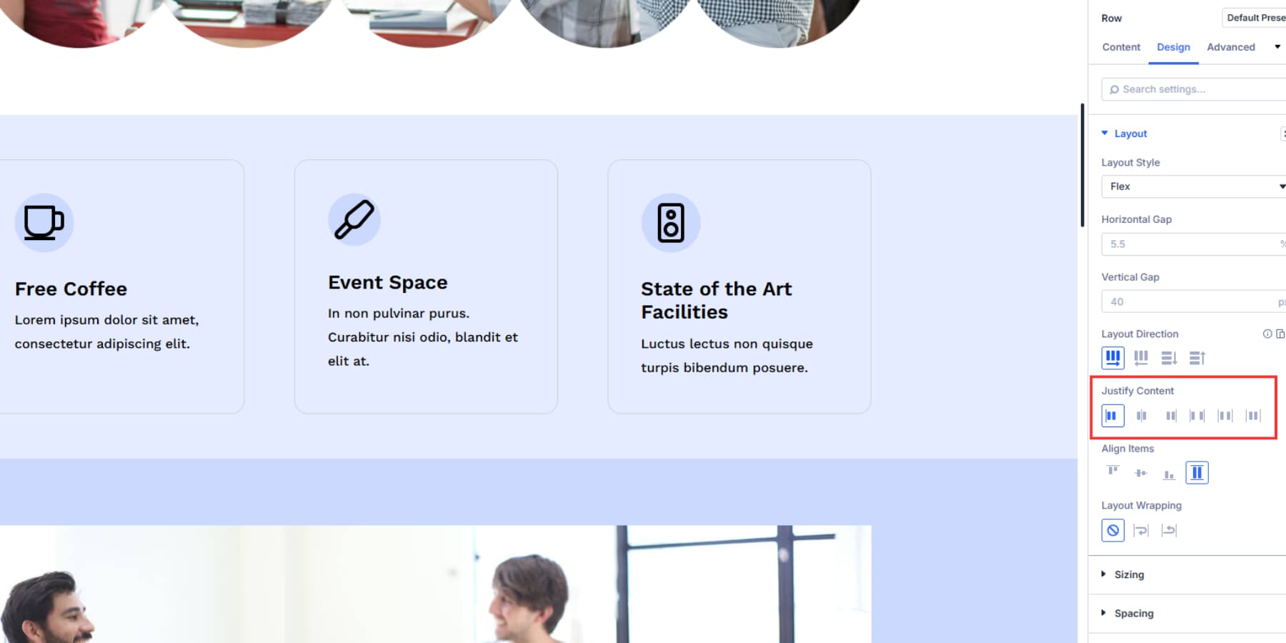 A screenshot of what justify content options are available