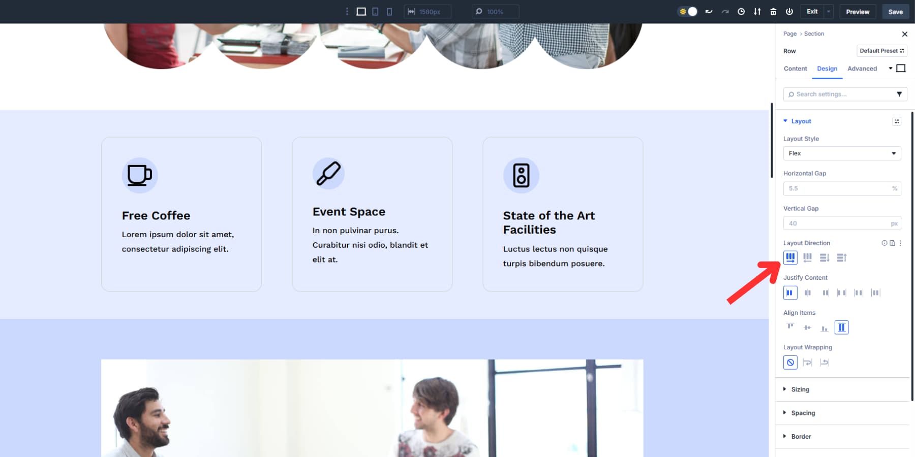 A screenshot of what the row option does