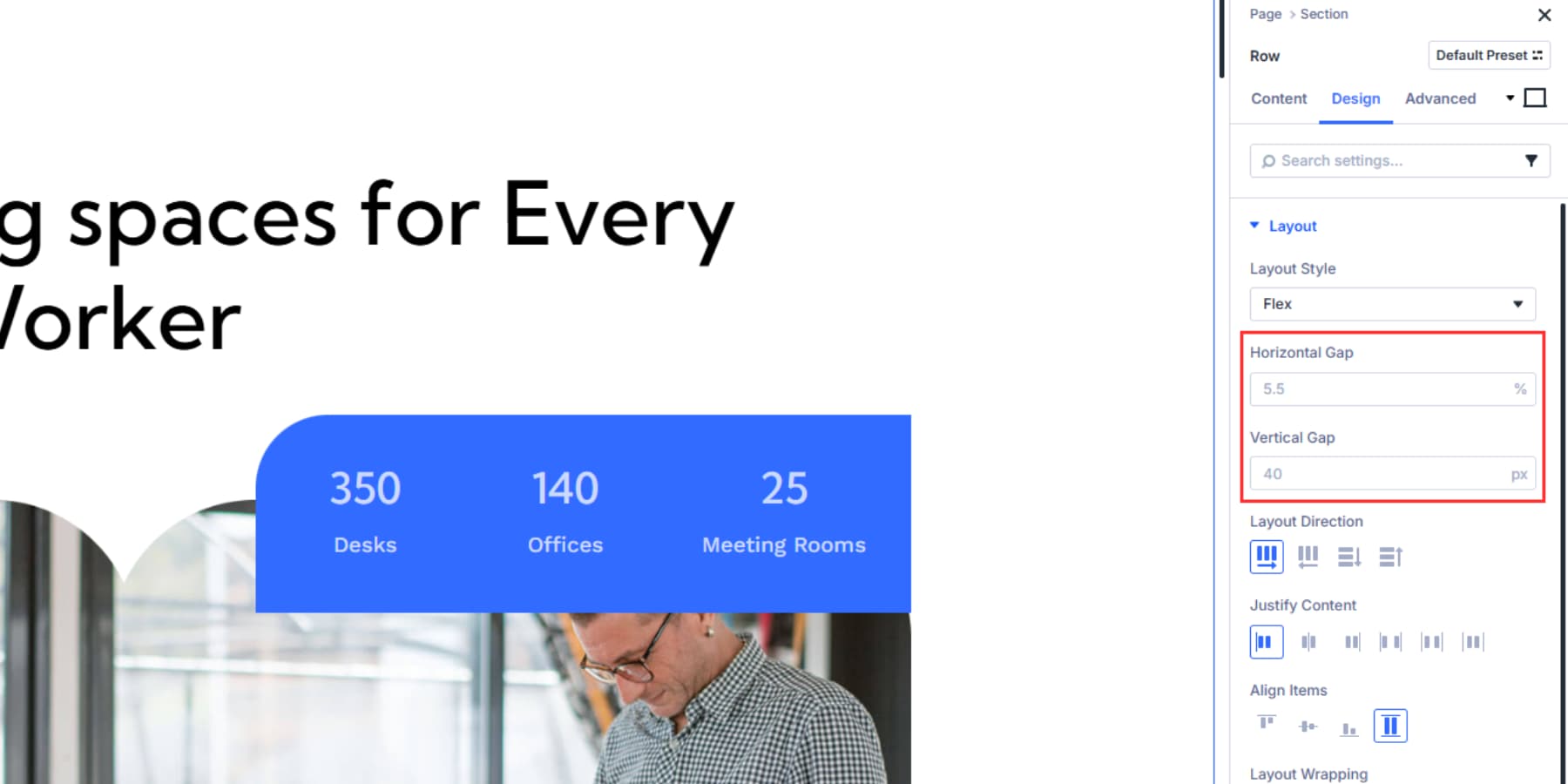 A screenshot of where to find the horizontal and vertical gaps in Divi 5