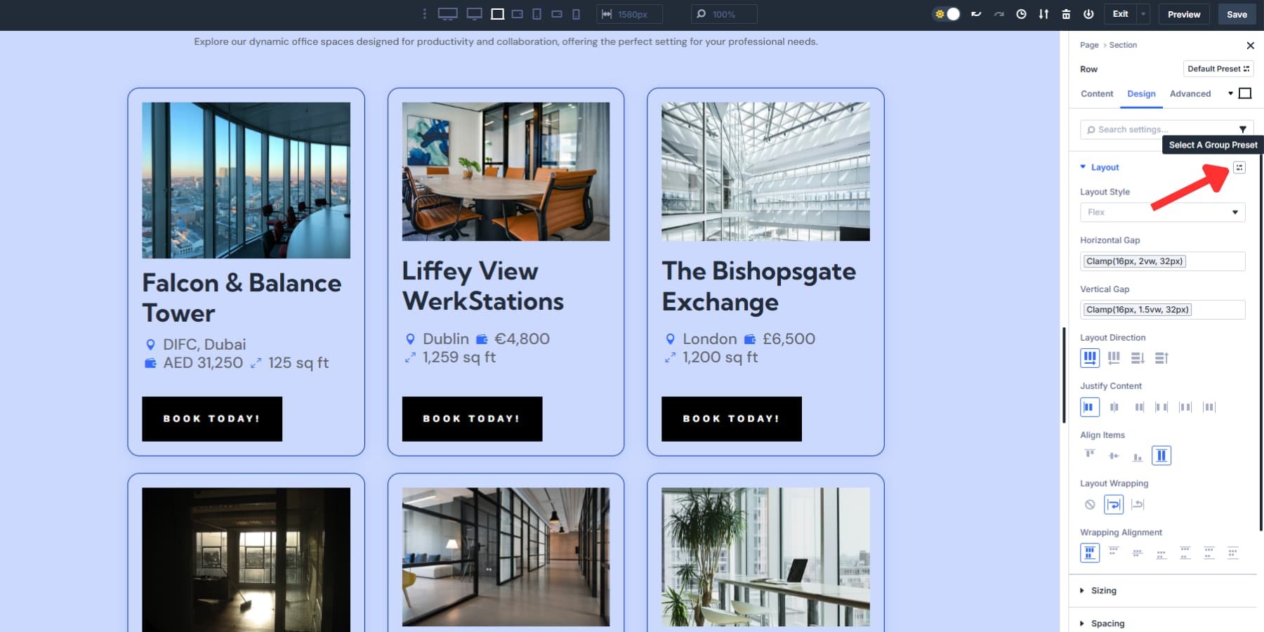 A screenshot of where to find the option group presets option in the layout panel