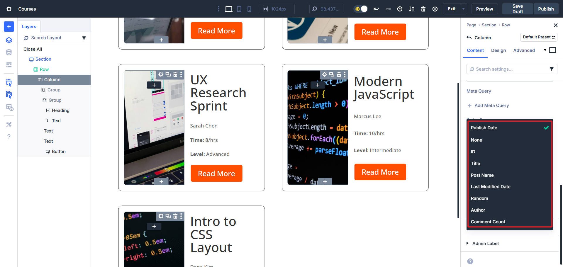 Order By Options in Divi Loop Builder Query