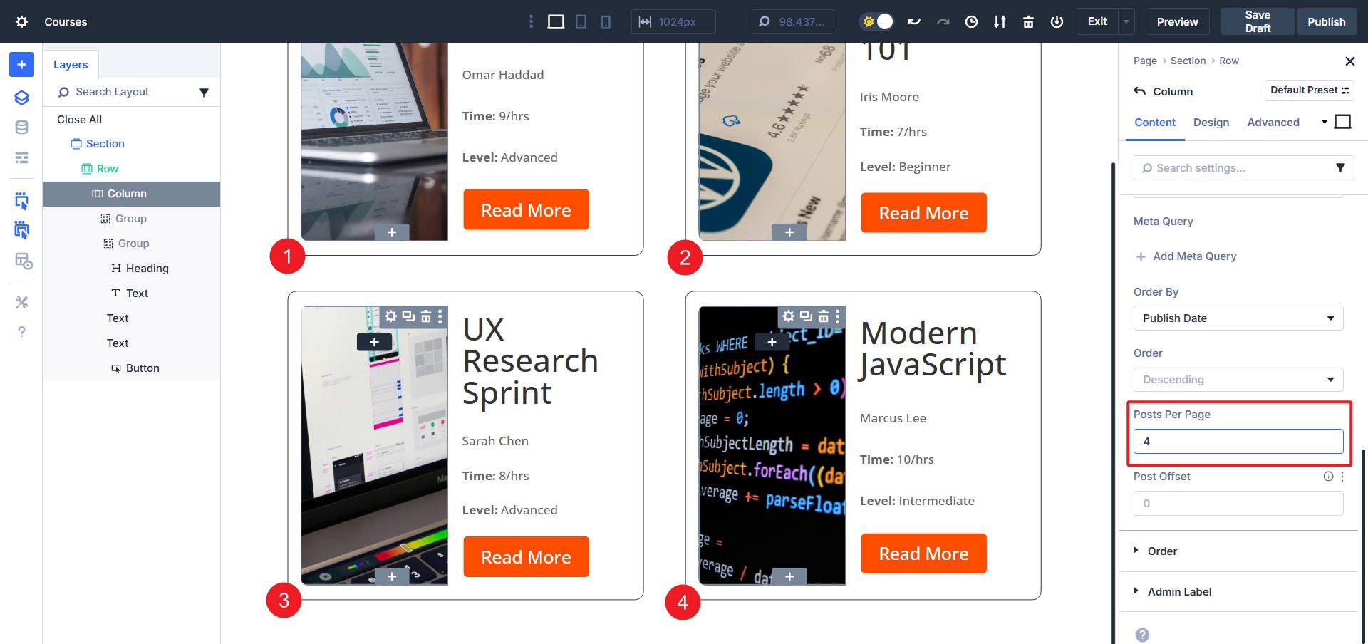 Posts Per Page Query Filter Loop Builder with Divi
