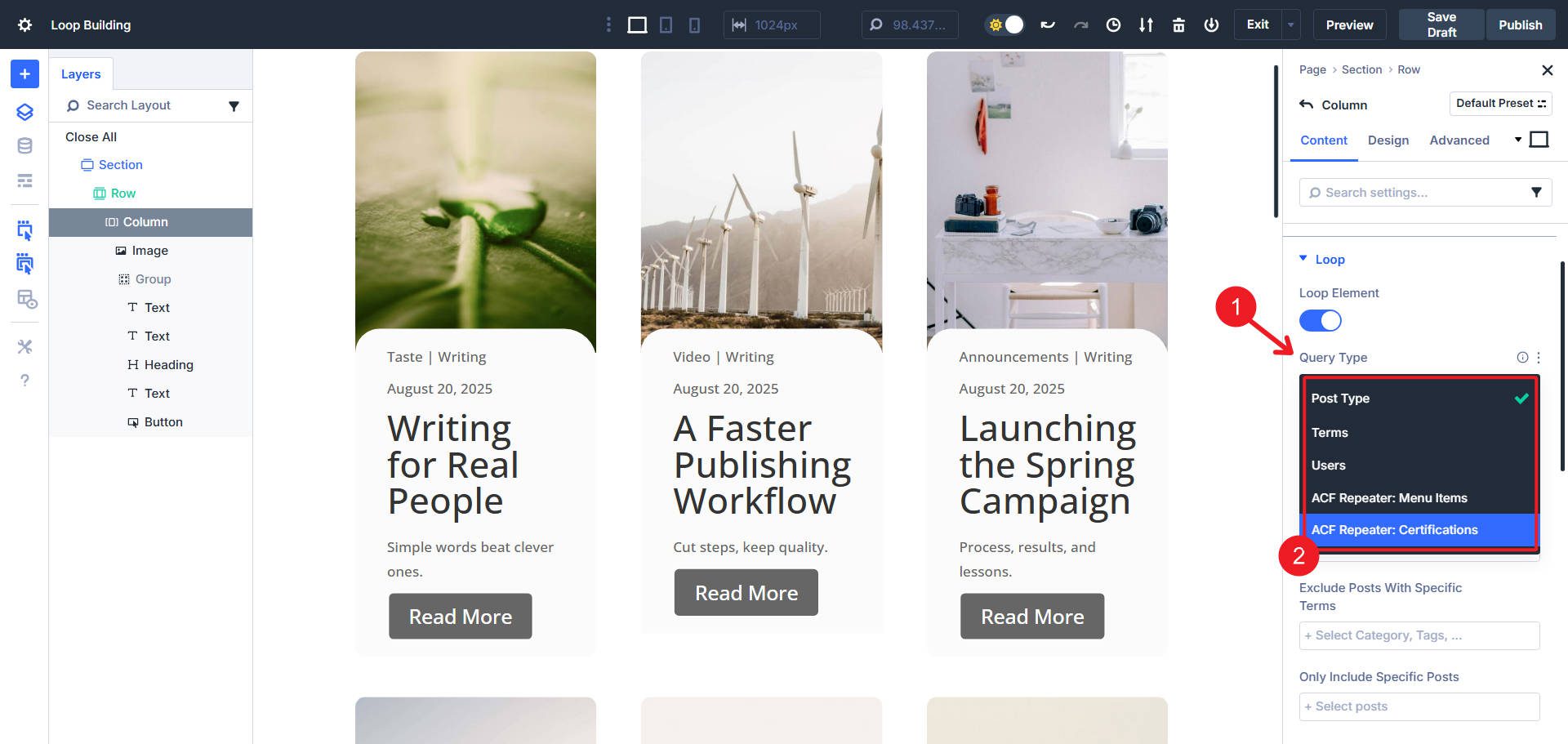 Query Type > Chose From Post Types, Terms, Users, and ACF Repeaters