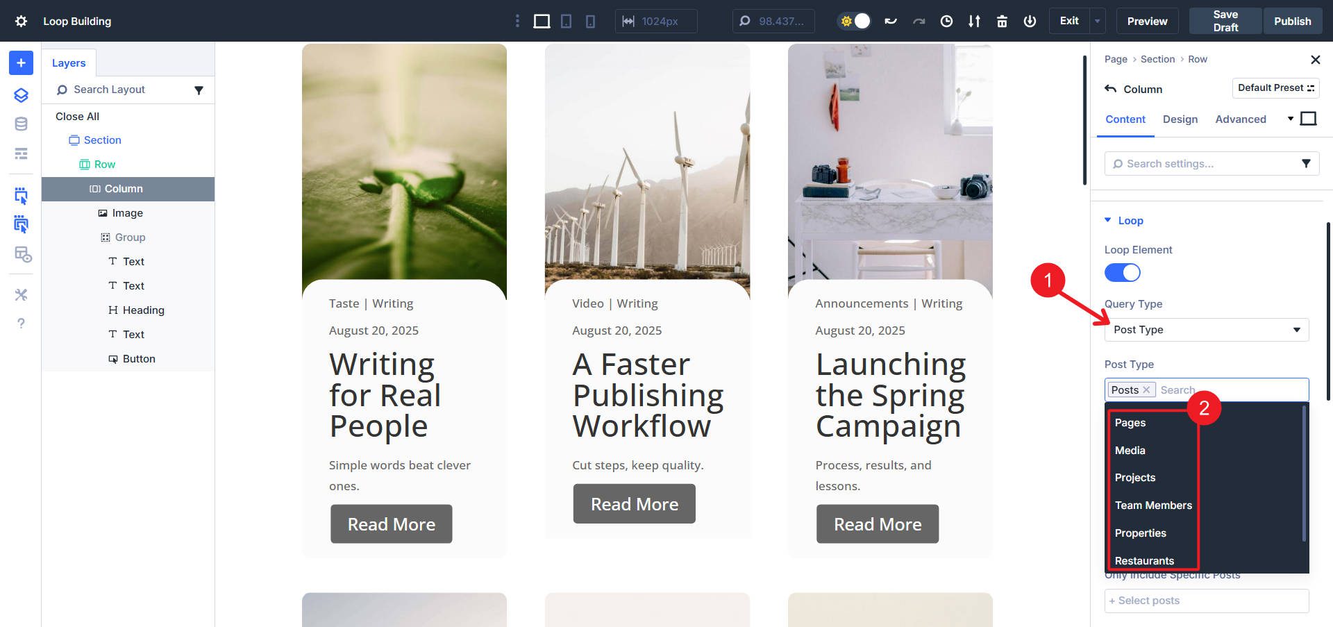 Query Type > Post Types > Dropdown List of Available Post Types