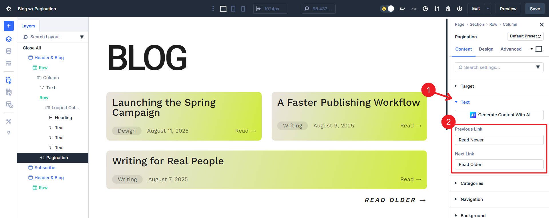 Setting Custom Pagination Previous and Next Text