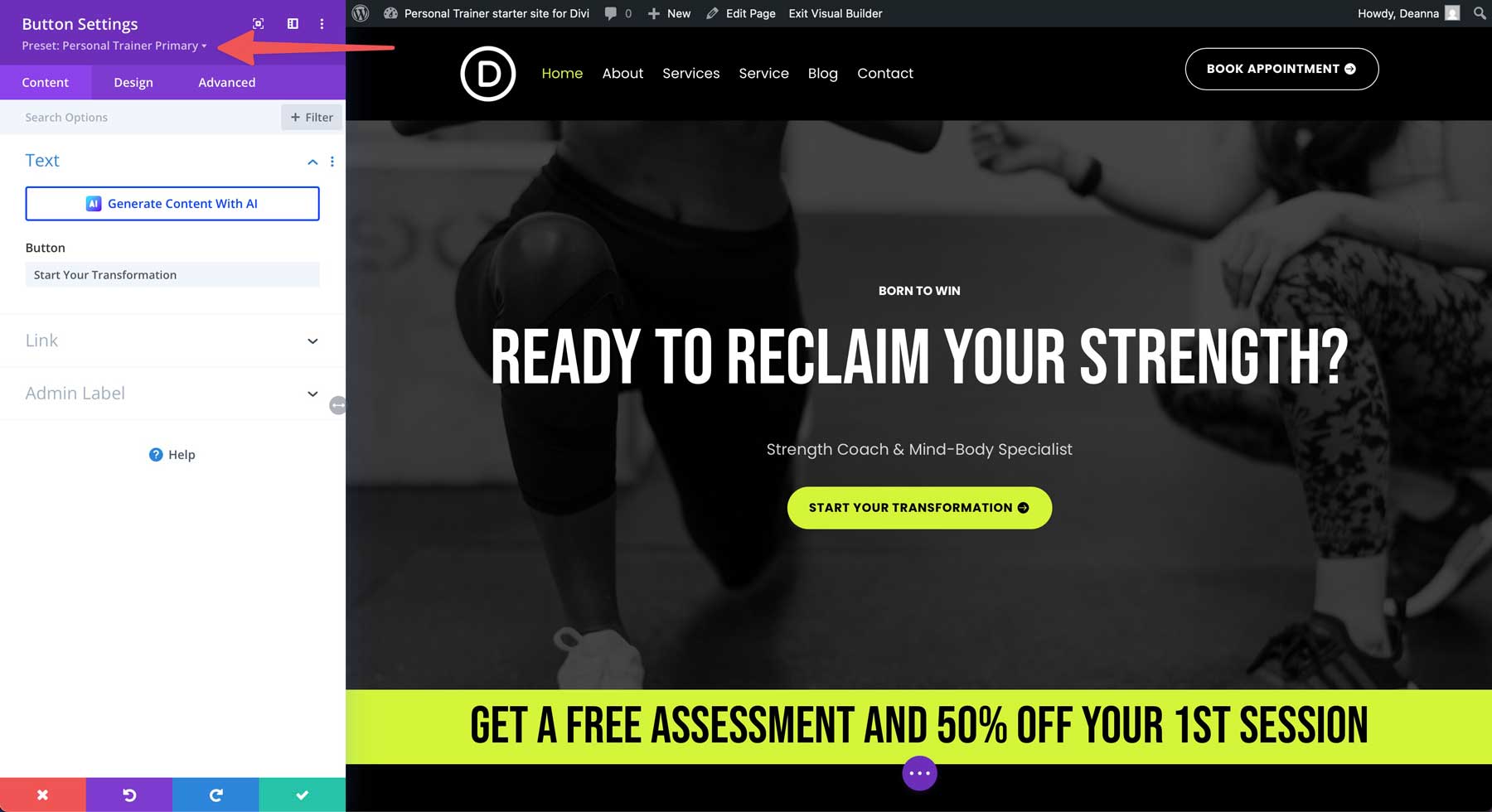 Personal Trainer starter site for Divi