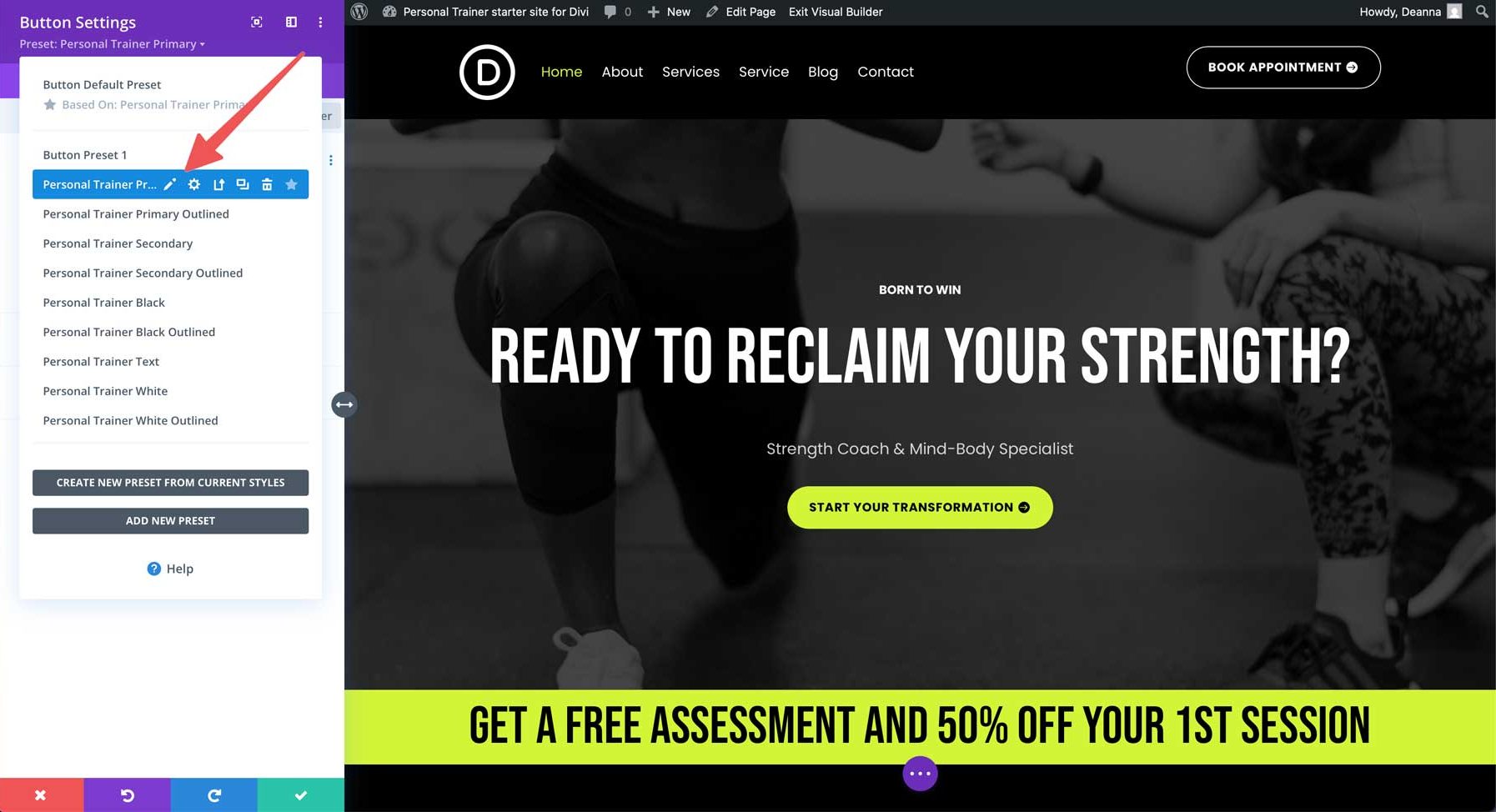 Personal Trainer starter site for Divi
