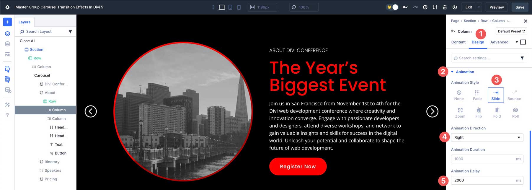 Group Carousel transition effects in Divi 5