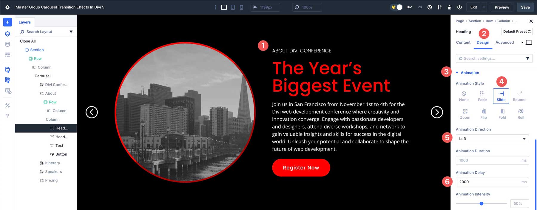 Group Carousel transition effects in Divi 5