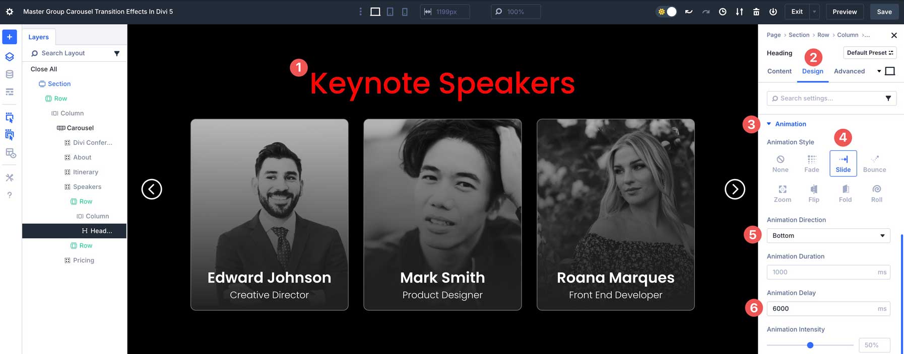 Group Carousel transition effects in Divi 5