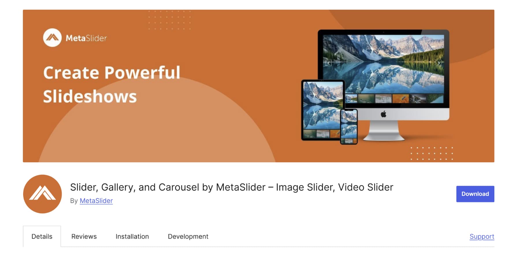 A screenshot MetaSlider plugin on WordPress plugin repository