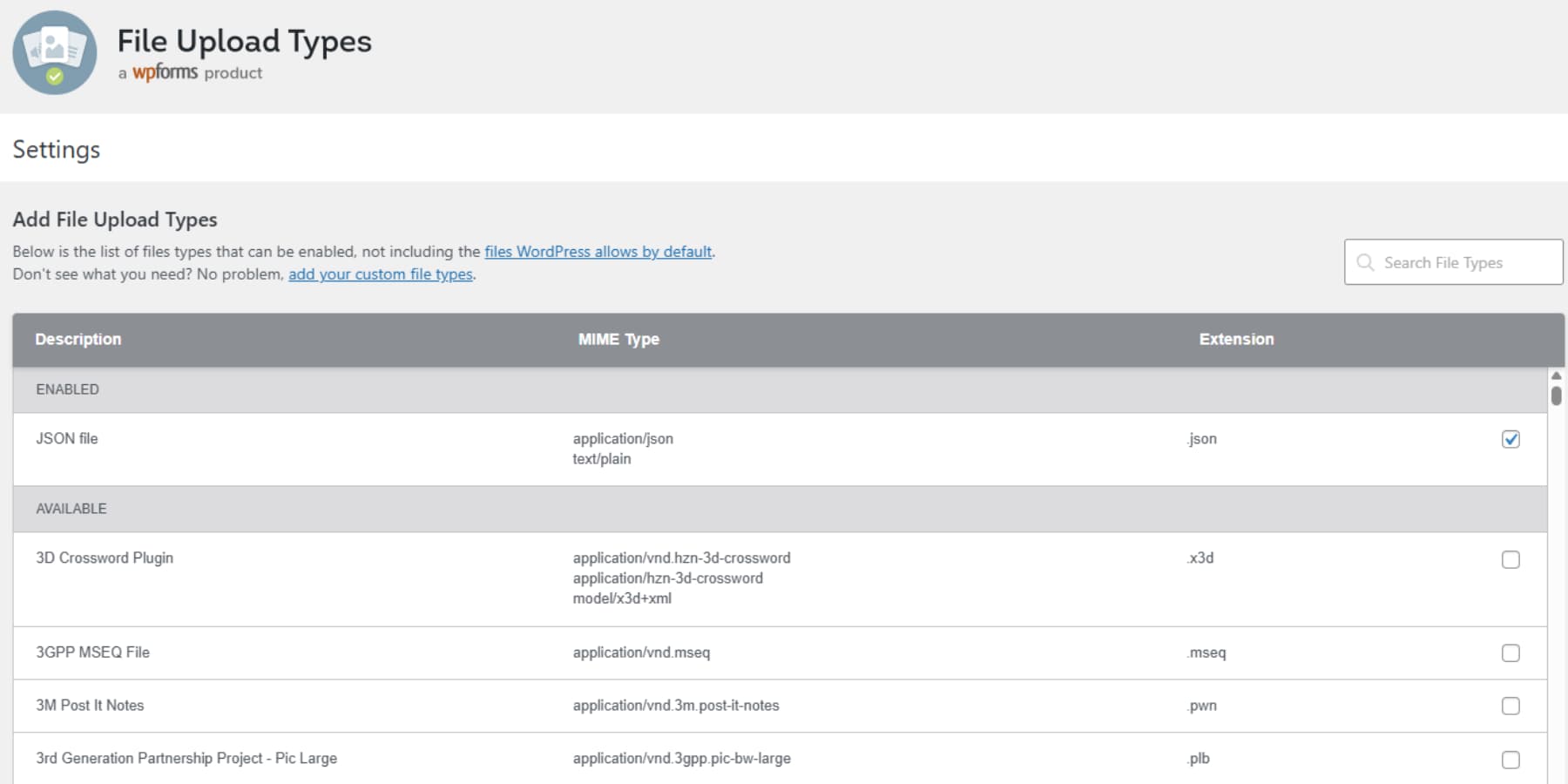 A screenshot of File Upload Types' page where JSON has been enabled