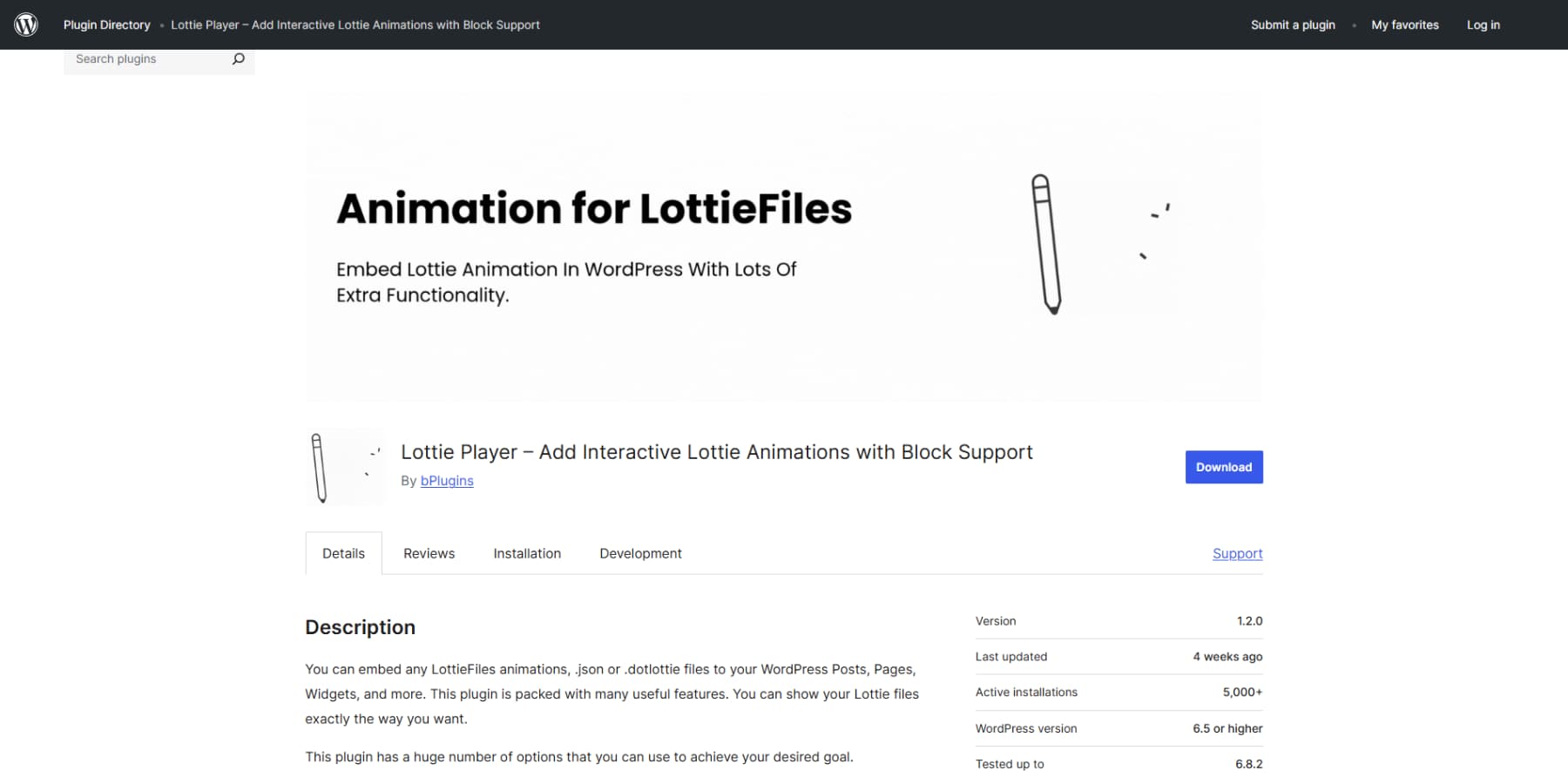 A screenshot of Lottie Player's listing on WordPress plugin repo