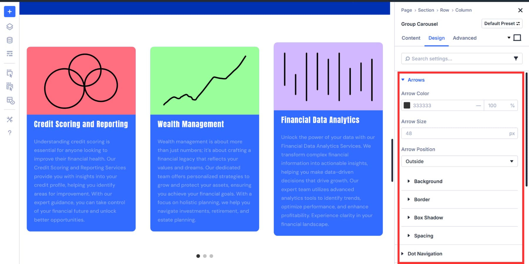 A screenshot of arrows and dot navigation customization tabs Divi 5's group carousel module