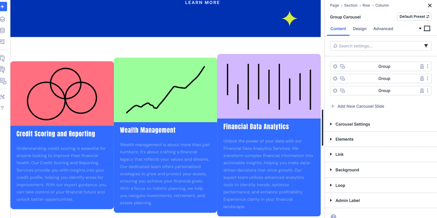 A screenshot of multiple slides added using the proposed method in Divi 5's group carousel module