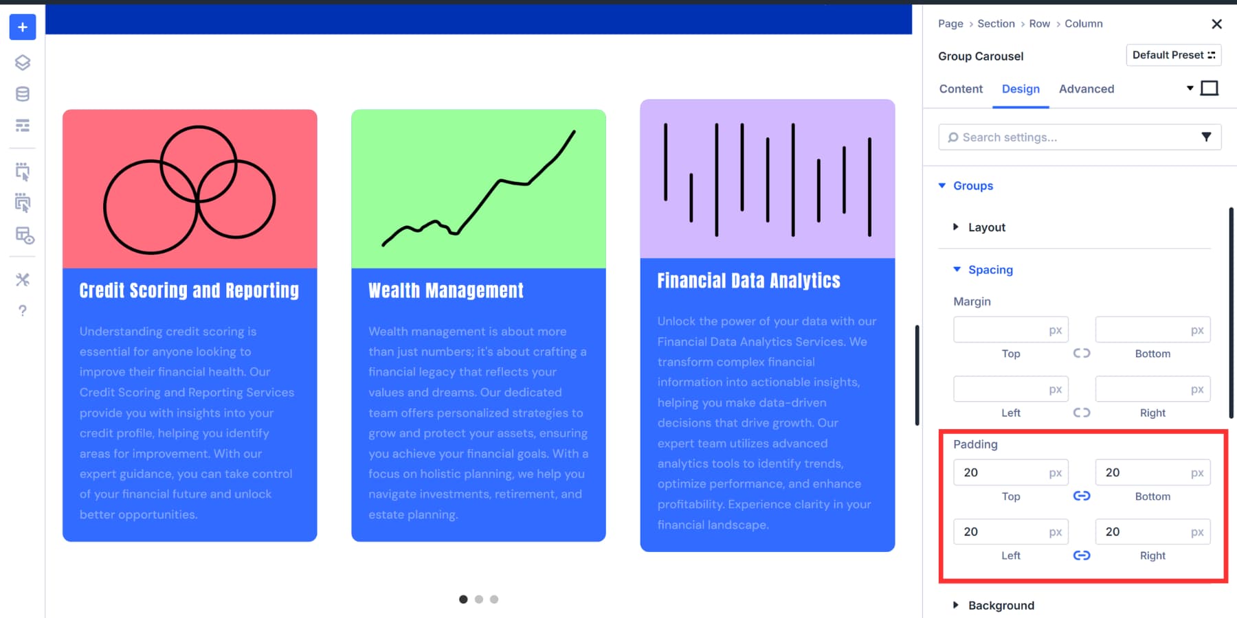 A screenshot of padding applied between groups in Divi 5's group carousel module