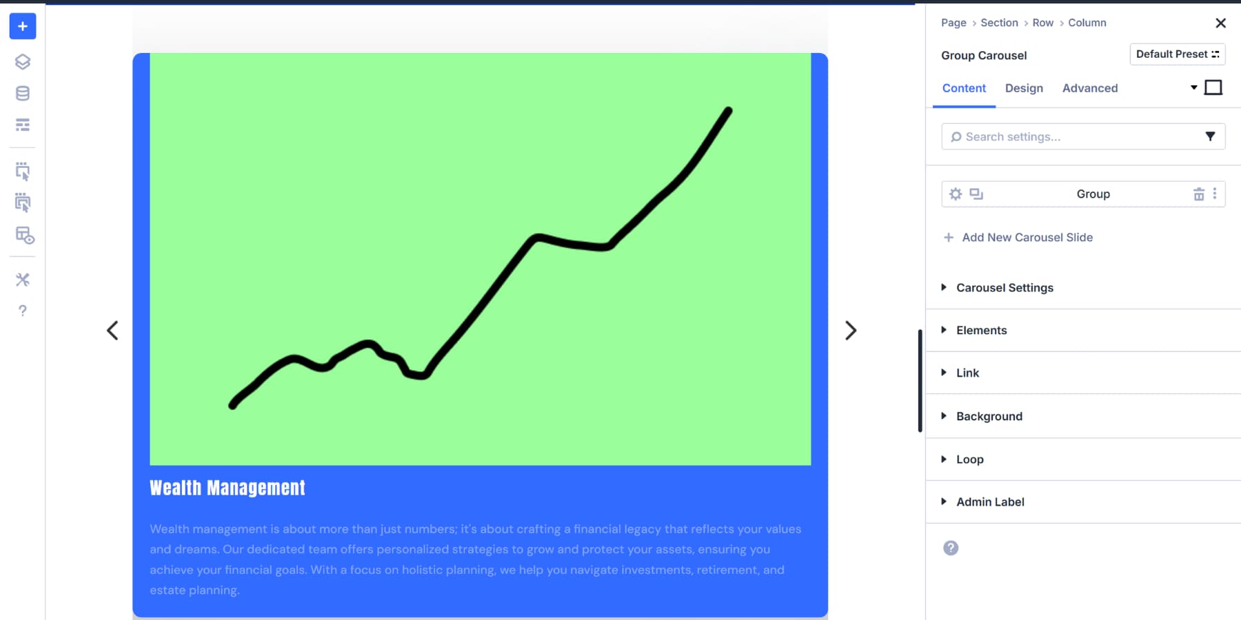 A screenshot of various modules added within the group of a group carousel